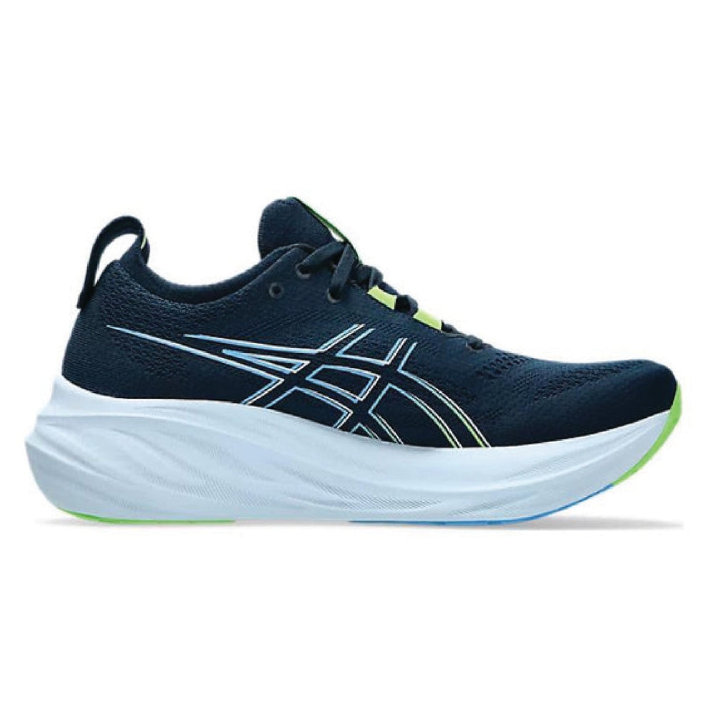 Asics Men's Gel-Nimbus 26 running shoe in the French Blue/Electric Lime colorway.