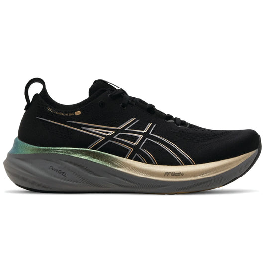 Asics Gel-Nimbus 26 Platinum running shoe in the Black/Champagne colorway.