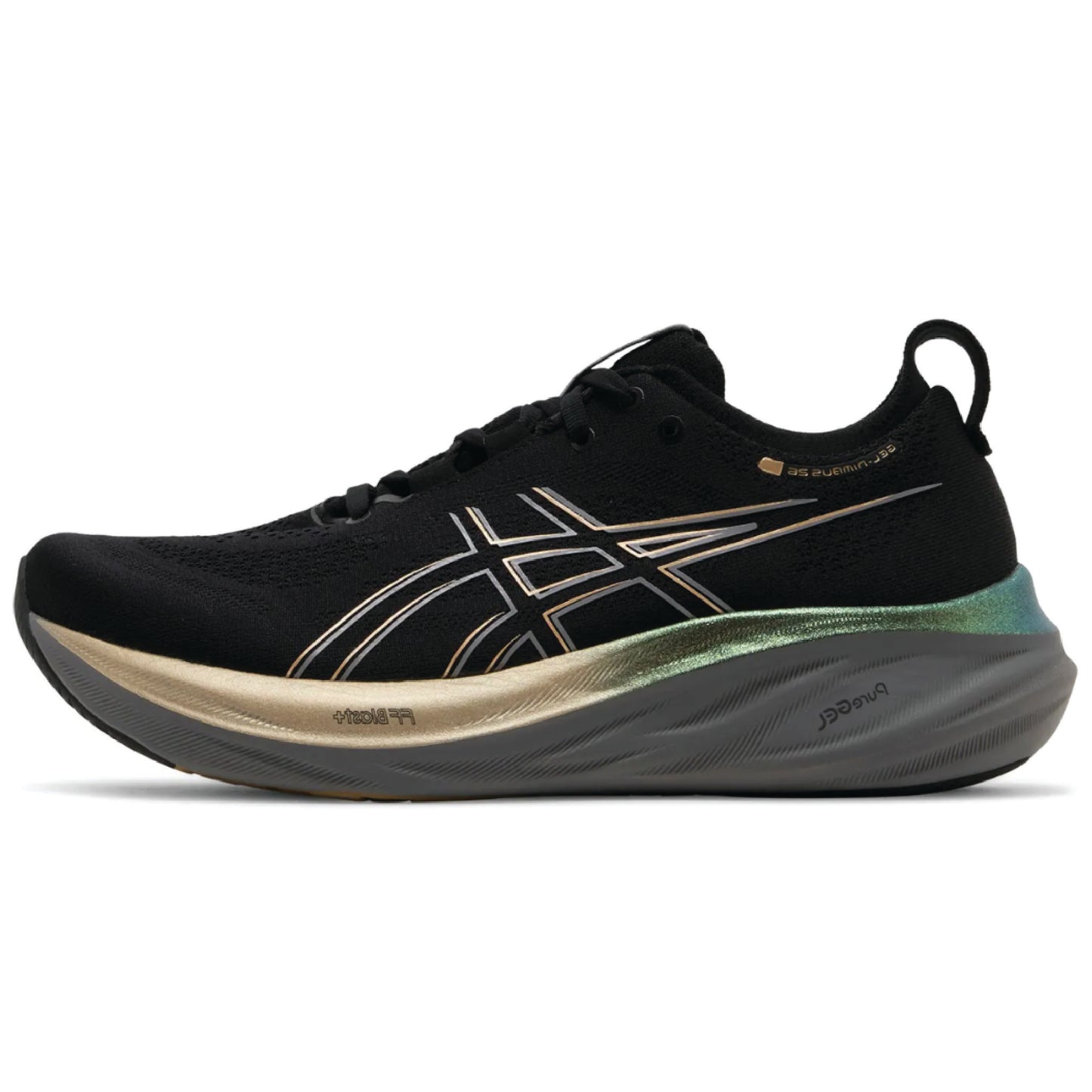 Asics Gel-Nimbus 26 Platinum running shoe in the Black/Champagne colorway.
