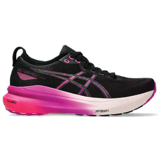ASICS Gel-Kayano 31 running shoe in the black and bold magenta colorway.