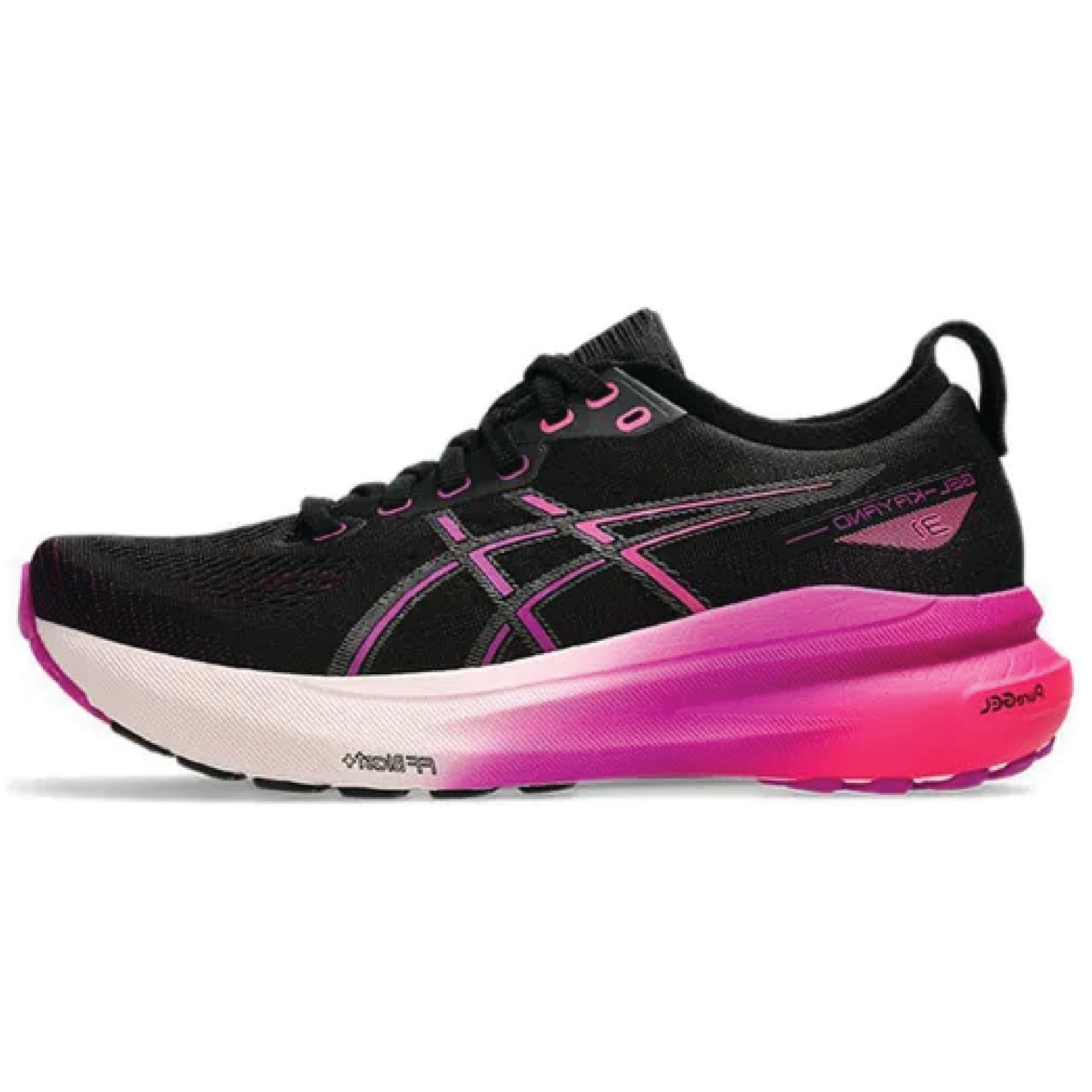 ASICS Gel-Kayano 31 running shoe in the black and bold magenta colorway.