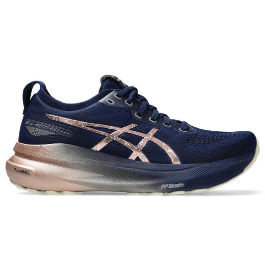 ASICS GEL-KAYANO 31 Platinum running shoe in the Blue Expanse/Rose Gold colorway.