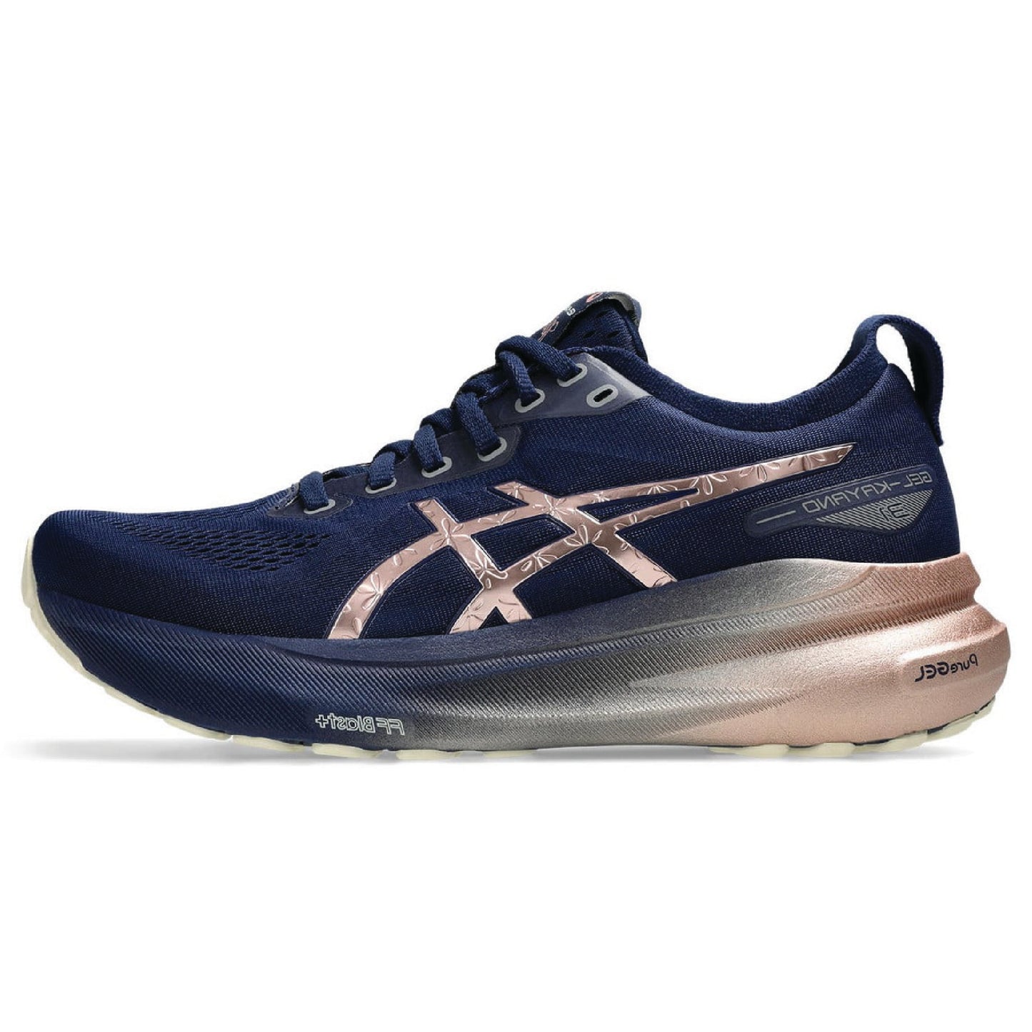 ASICS GEL-KAYANO 31 Platinum running shoe in the Blue Expanse/Rose Gold colorway.