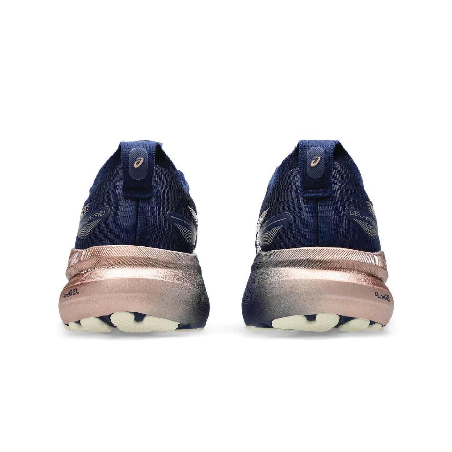 ASICS GEL-KAYANO 31 Platinum running shoe in the Blue Expanse/Rose Gold colorway.