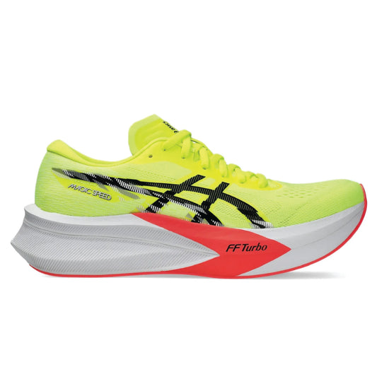ASICS Magic Speed 4 running shoe in a safety yellow colorway.