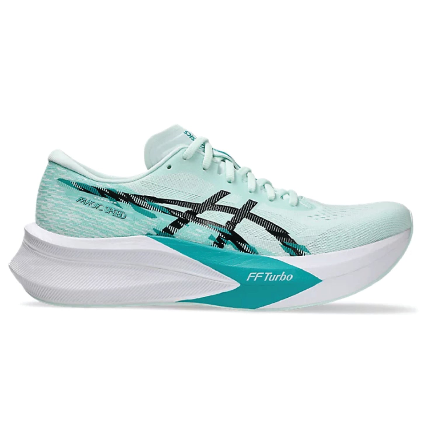 Asics Magic Speed 4 running shoe in a soothing sea/black colorway.
