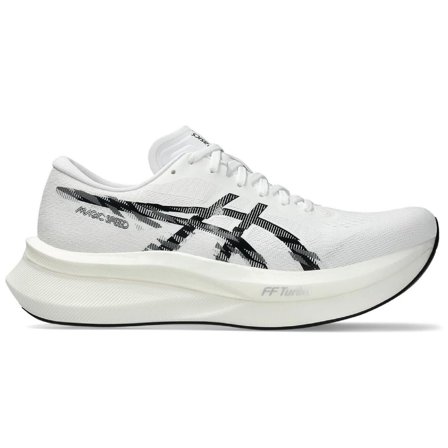 ASICS Magic Speed 4 running shoe in a white and black colorway.