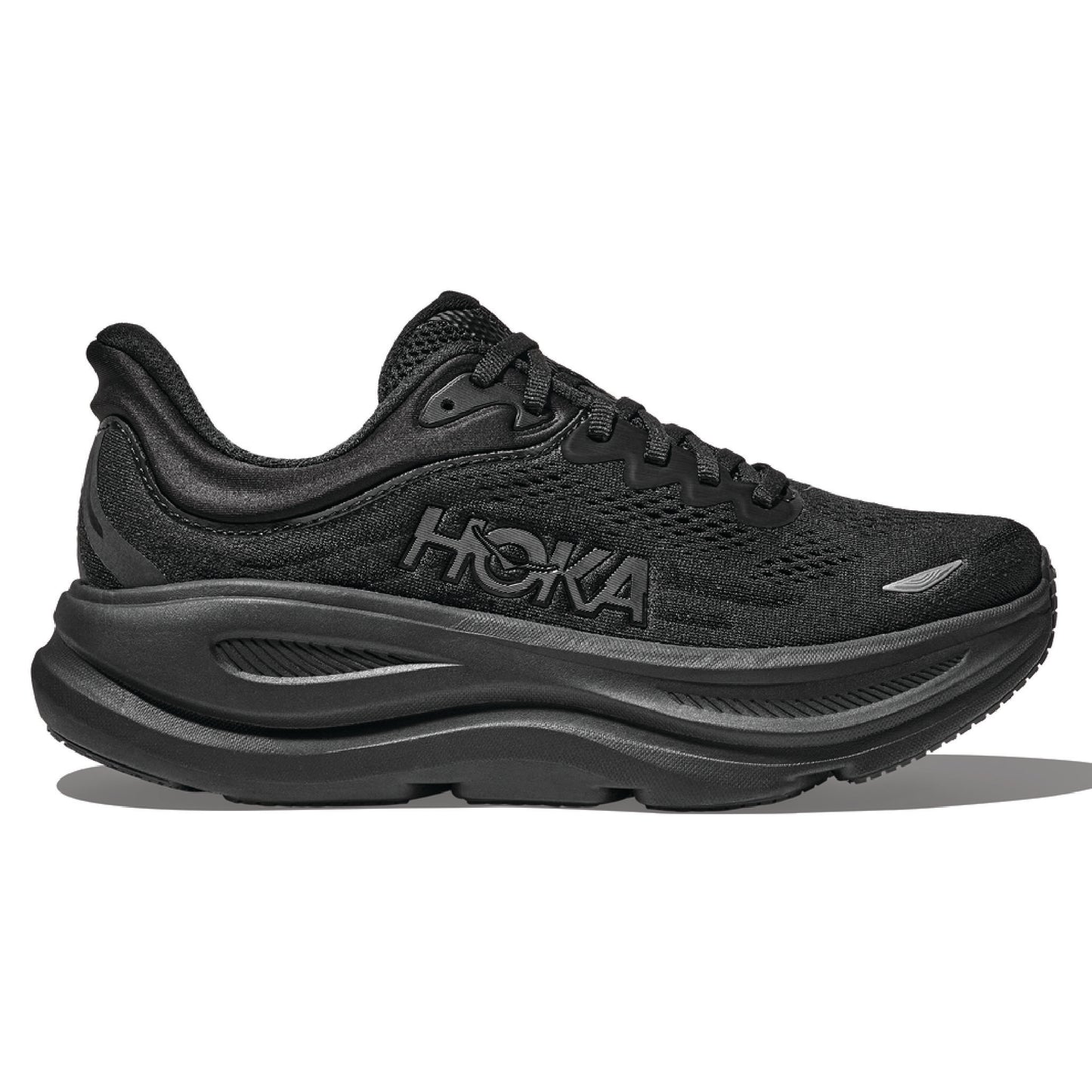 Hoka Bondi 9 running shoes in a black/black colorway.