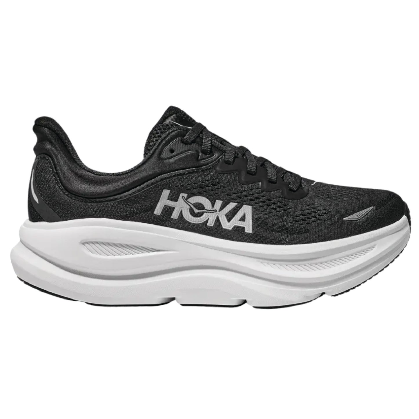 Hoka Bondi 9 running shoes in black and white.