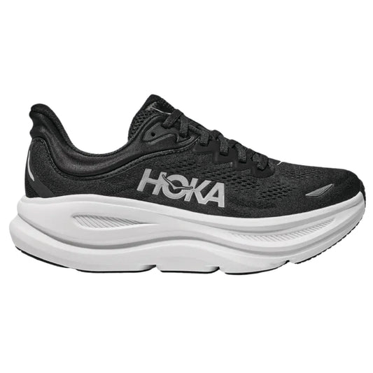 Hoka Bondi 9 running shoes in black and white.