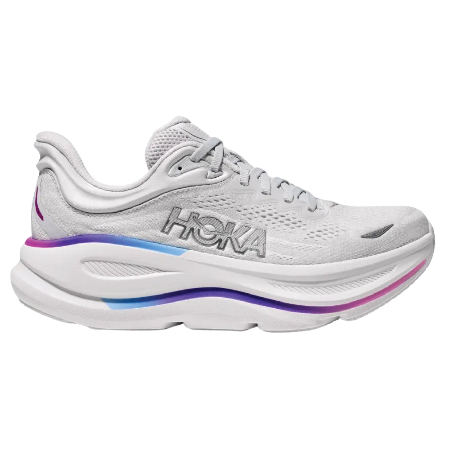 Hoka Bondi 9 running shoe in a white colorway with a purple and blue gradient midsole accent.