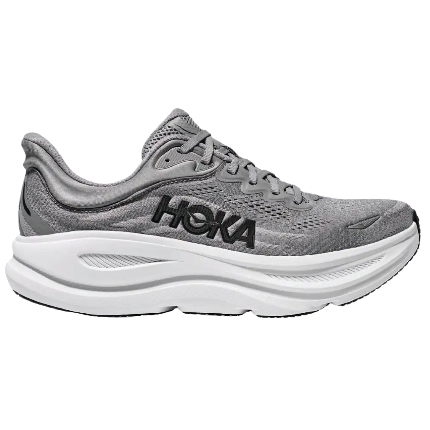 Hoka Bondi 9 running shoe in a grey colourway.