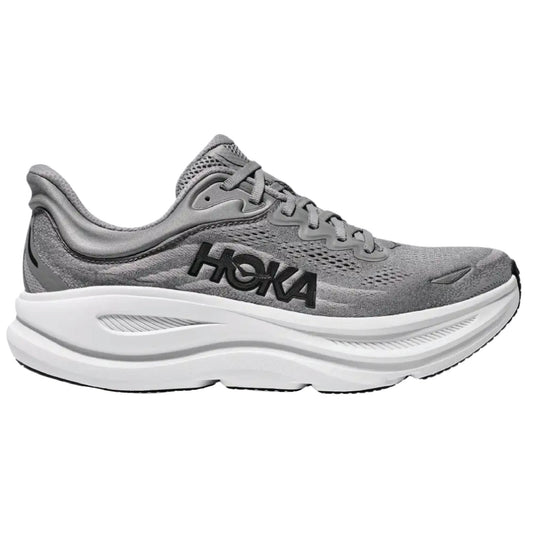 Hoka Bondi 9 running shoe in a grey colourway.