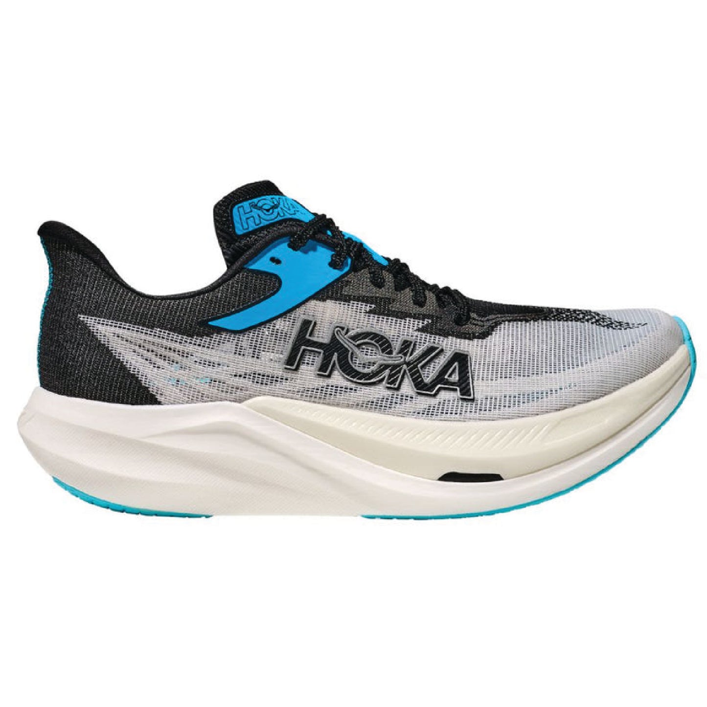 HOKA Rocket X 3 carbon-fiber road racing shoe in the white and black colorway.