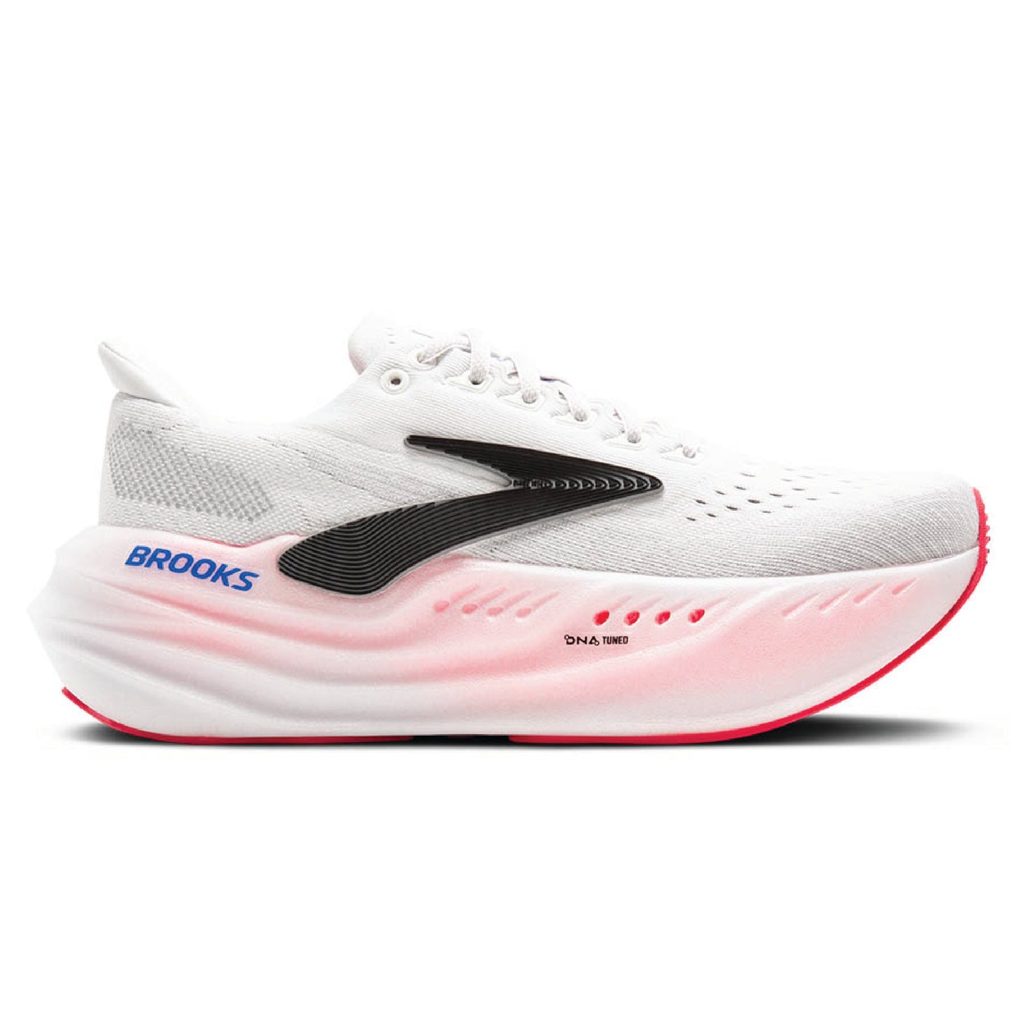 Brooks Glycerin Max neutral running shoe with a white knit upper and a pink and white DNA Tuned midsole.