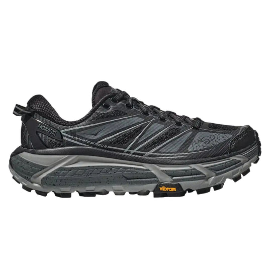 Hoka Mafate Speed 2 running sneaker in black with a Vibram Mega-Grip rubber sole.