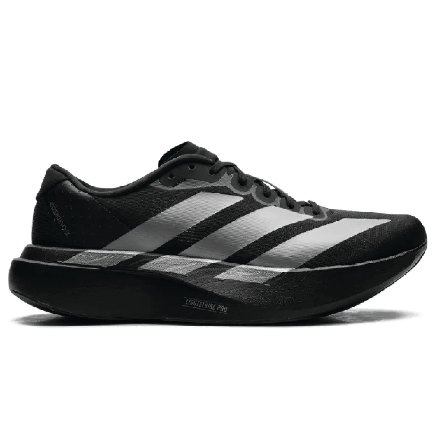 Adidas Adizero EVO SL running shoes black and silver Lightstrike Pro cushioning.