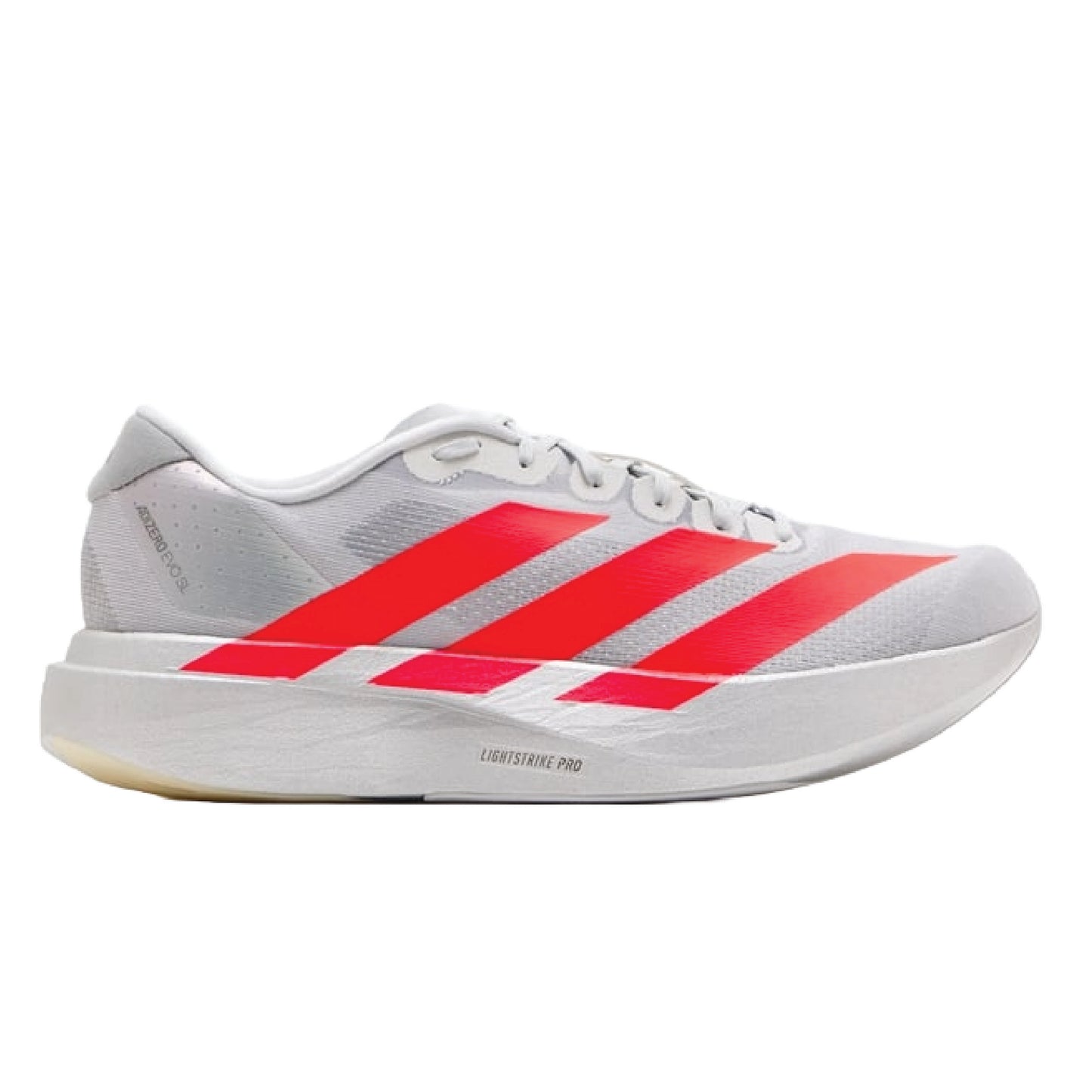 Adidas Adizero EVO SL running shoe in a silver and red colorway.