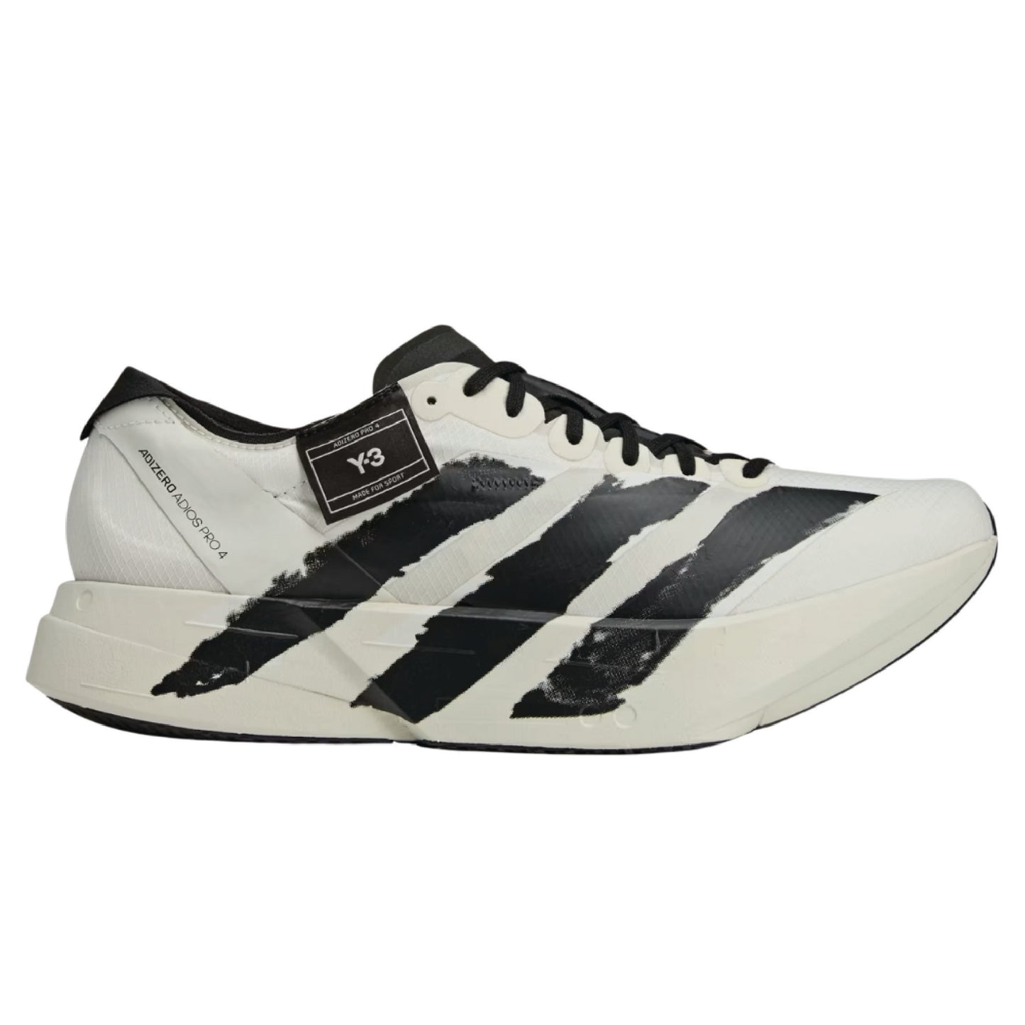 Adizero Adios Pro 4 high-performance running shoe in black and white.