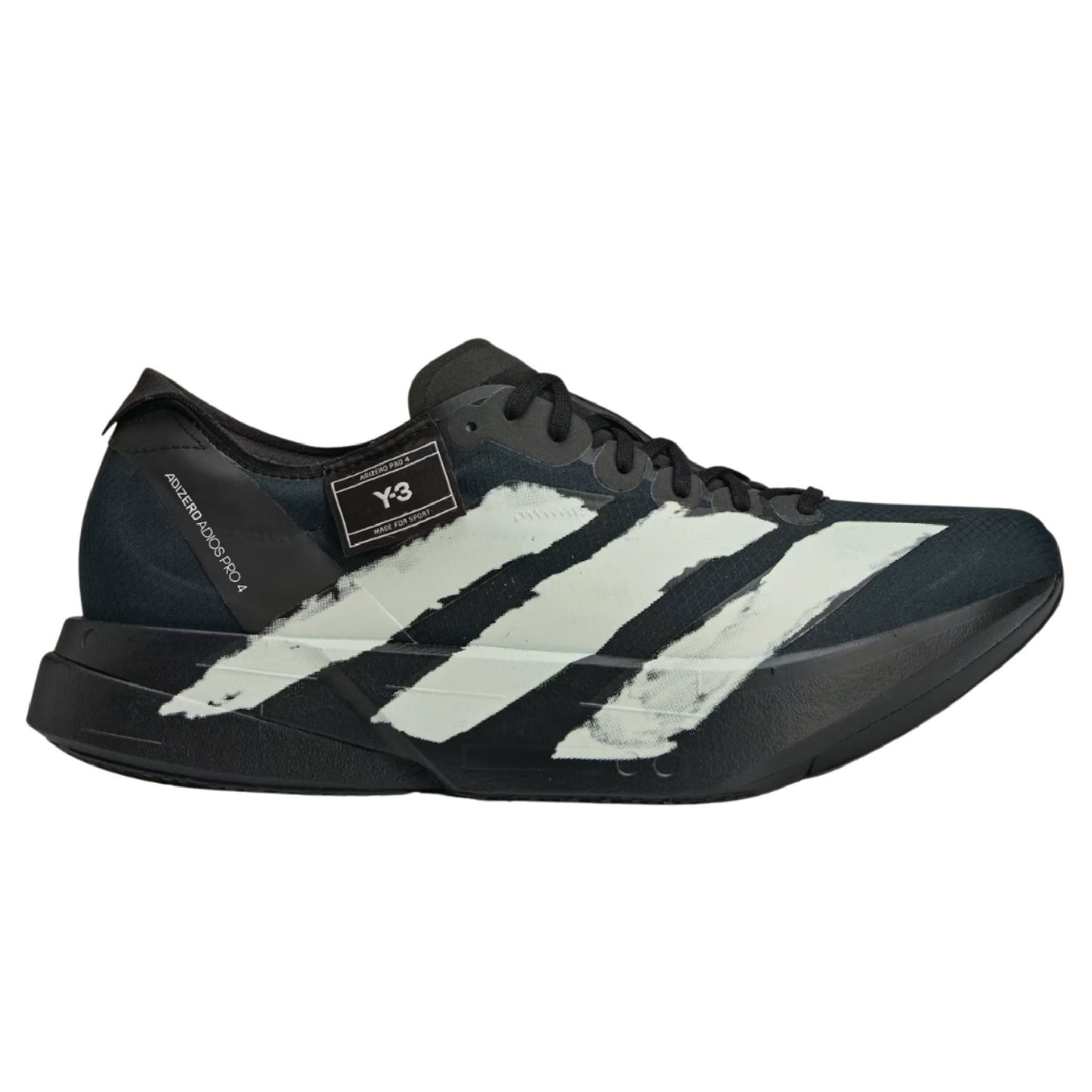 Adidas Y-3 Adizero Adios Pro 4 running shoe in a black and off-white colorway.