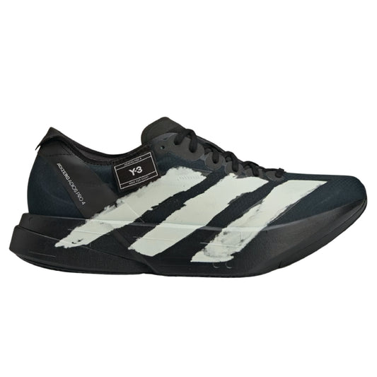 Adidas Y-3 Adizero Adios Pro 4 running shoe in a black and off-white colorway.