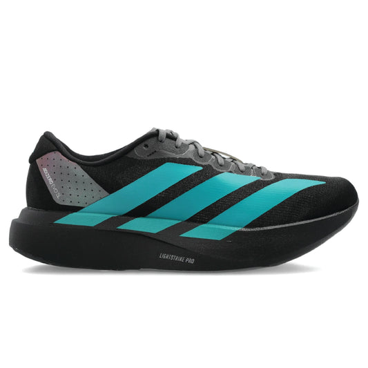 Adidas Adizero EVO SL running shoe in a black colorway with teal stripes.