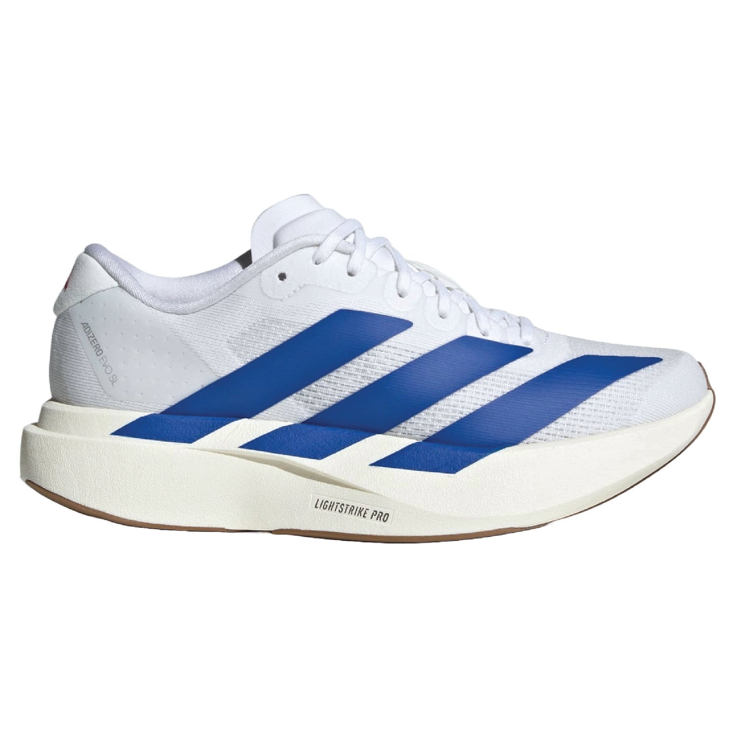 Adidas Adizero Evo SL running shoe in the Cloud White / Royal Blue colorway