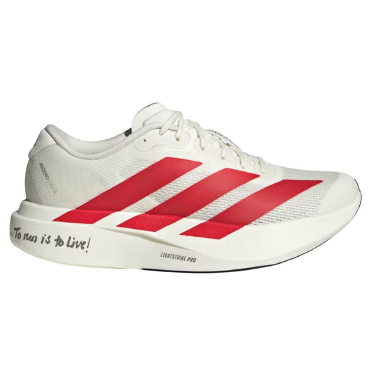 Adidas Adizero EVO SL running shoe in the 'Footwear White/Team Victory Red' colorway.
