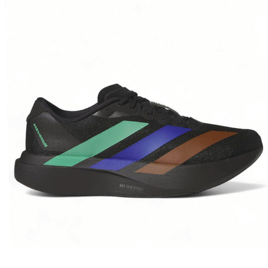 Adidas Adizero Evo SL Humanrace running shoe in a black colorway with green, blue, and brown accents.