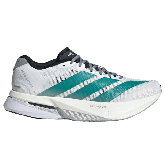 Adidas Adizero Boston 13 running shoe in a white and teal colorway.