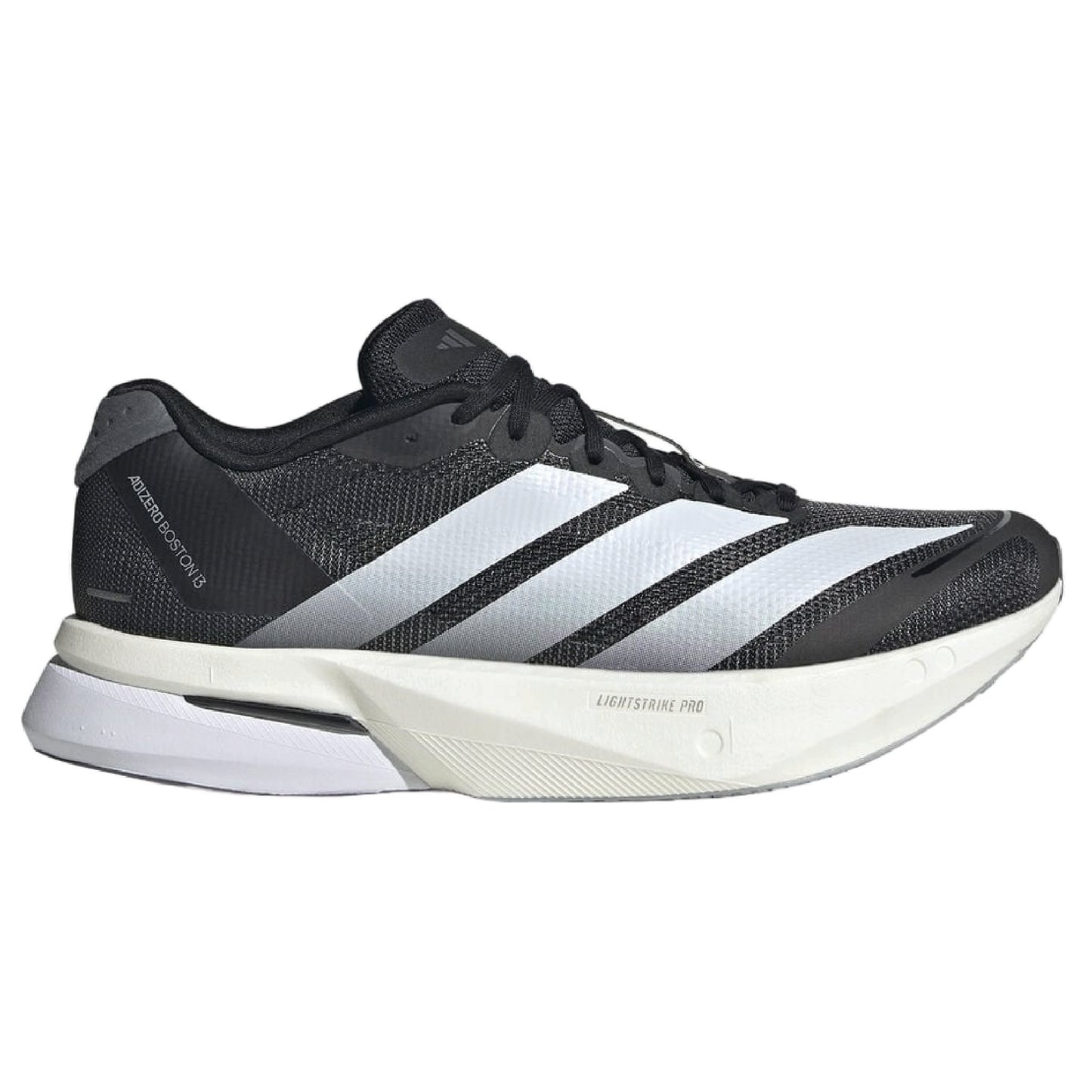Adidas Adizero Boston 13 running shoe in a Core Black/Cloud White/Grey Five colorway.