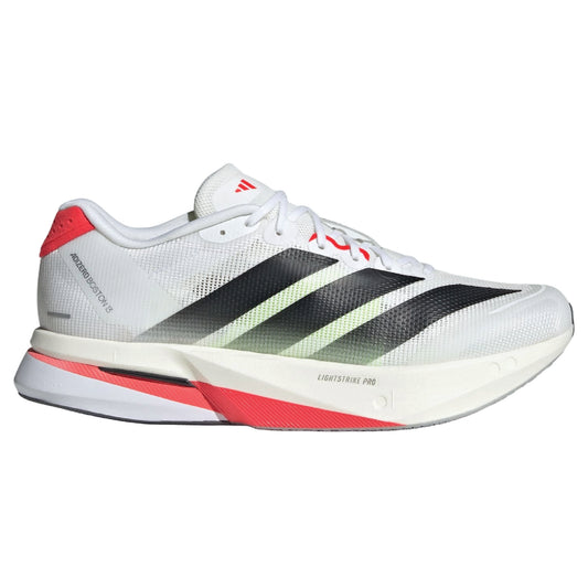 Adidas Adizero Boston 13 running shoes in a white, black, and lucid red colorway.