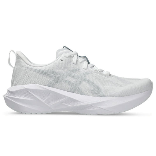 Asics Novablast 5 running shoe in the color white/piedmont grey.