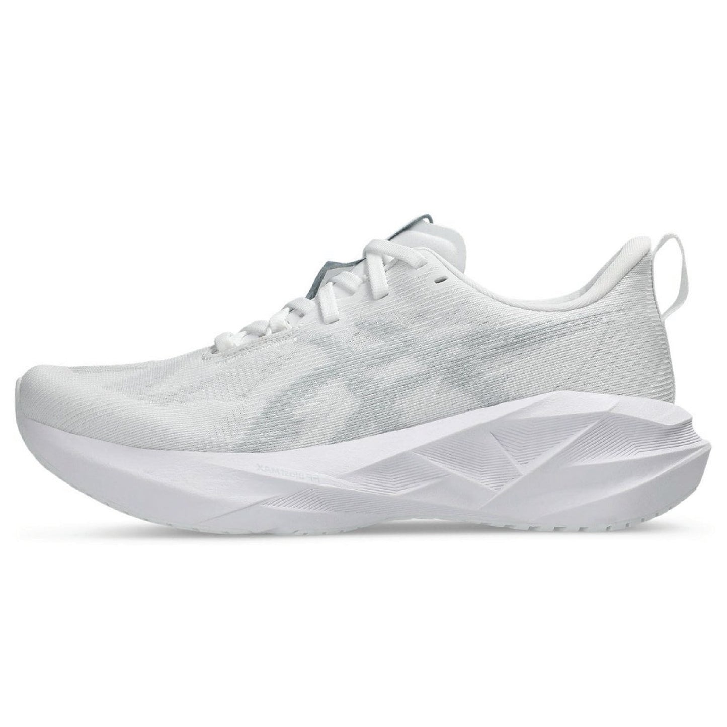 Asics Novablast 5 running shoe in the color white/piedmont grey.