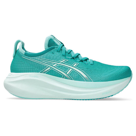 Asics GEL-NIMBUS 27 running shoe in the Wave Teal / Illuminate Mint colorway.