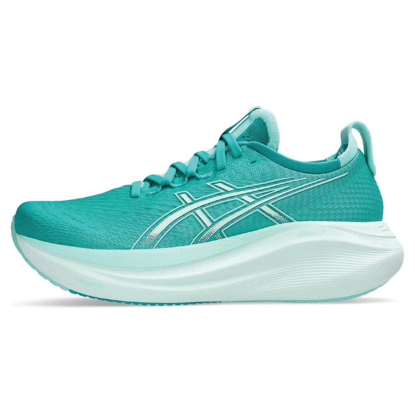 Asics GEL-NIMBUS 27 running shoe in the Wave Teal / Illuminate Mint colorway.