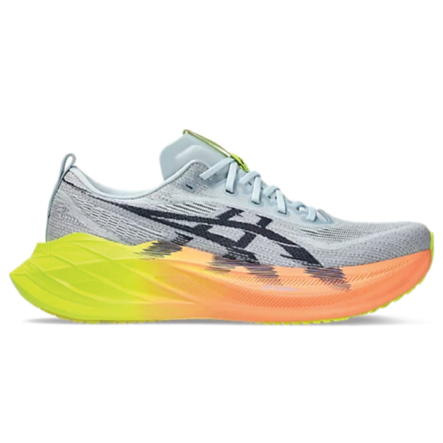 Asics Superblast 2 running shoe in the cool grey and safety yellow colorway.