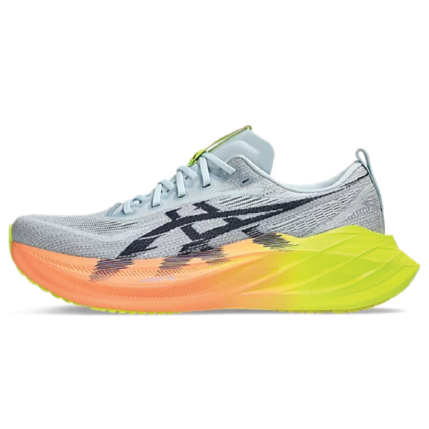 Asics Superblast 2 running shoe in the cool grey and safety yellow colorway.