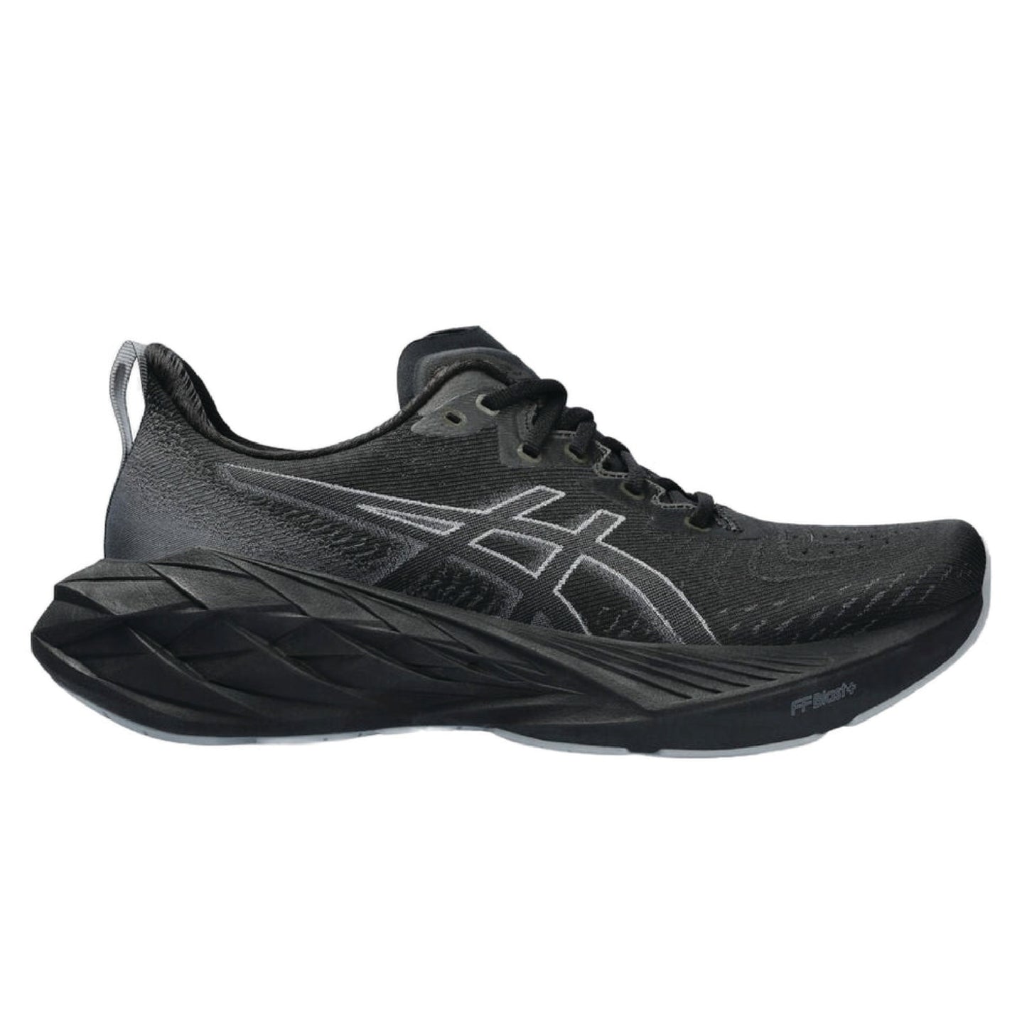 Asics Novablast 4 running shoe in the black/graphite grey colorway.