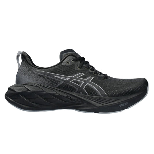 Asics Novablast 4 running shoe in the black/graphite grey colorway.