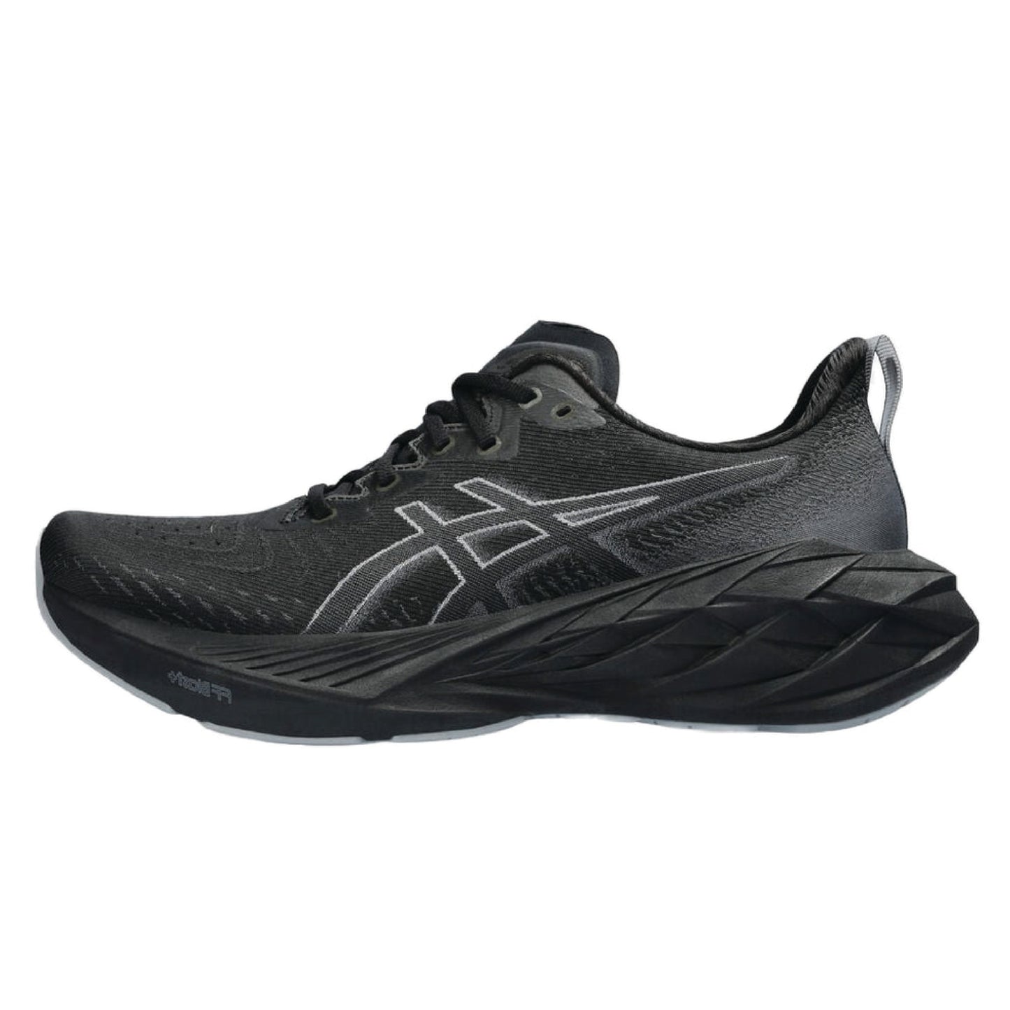 Asics Novablast 4 running shoe in the black/graphite grey colorway.