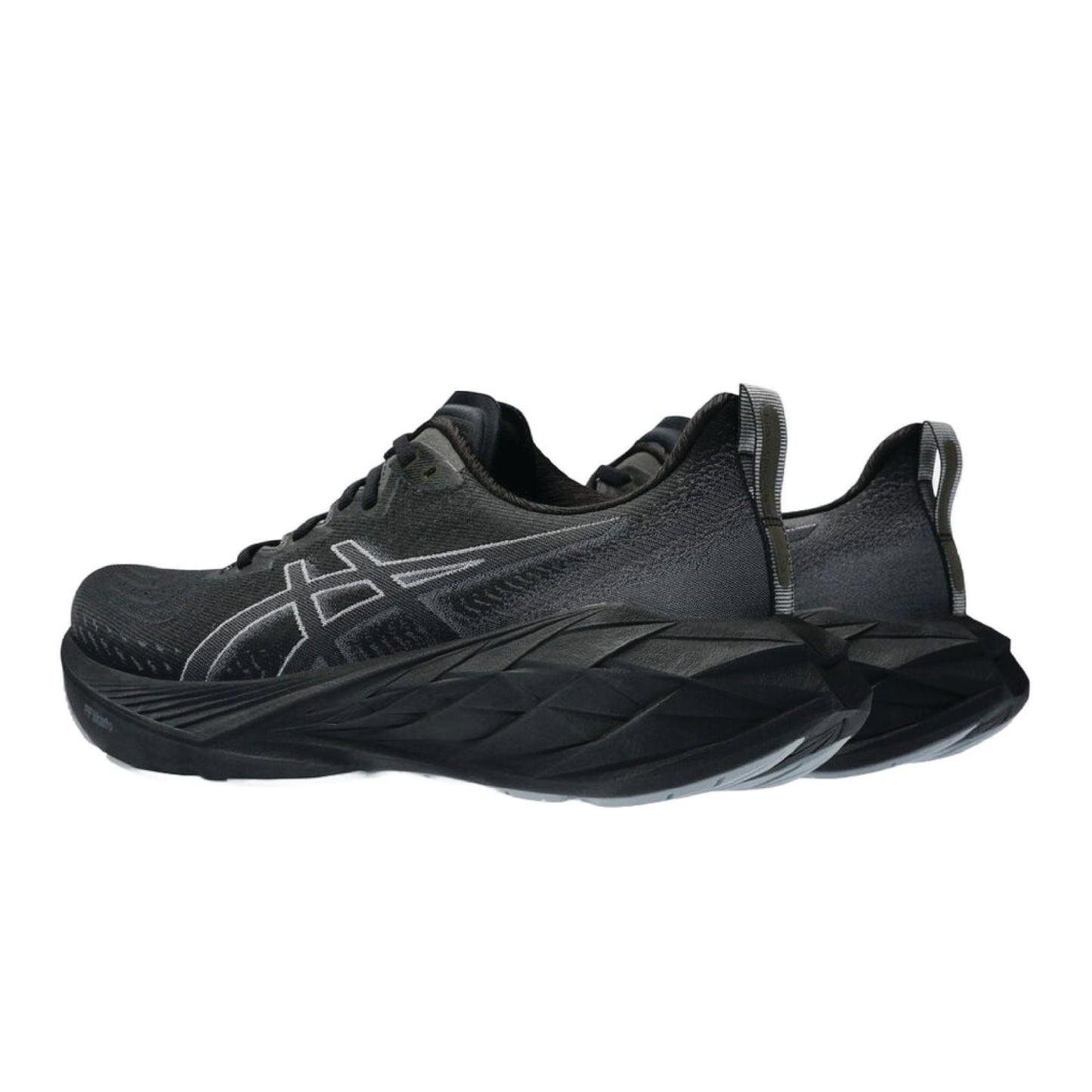 Asics Novablast 4 running shoe in the black/graphite grey colorway.