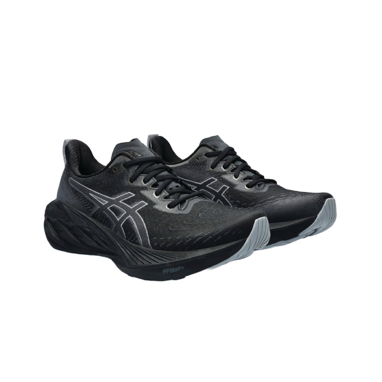 Asics Novablast 4 running shoe in the black/graphite grey colorway.