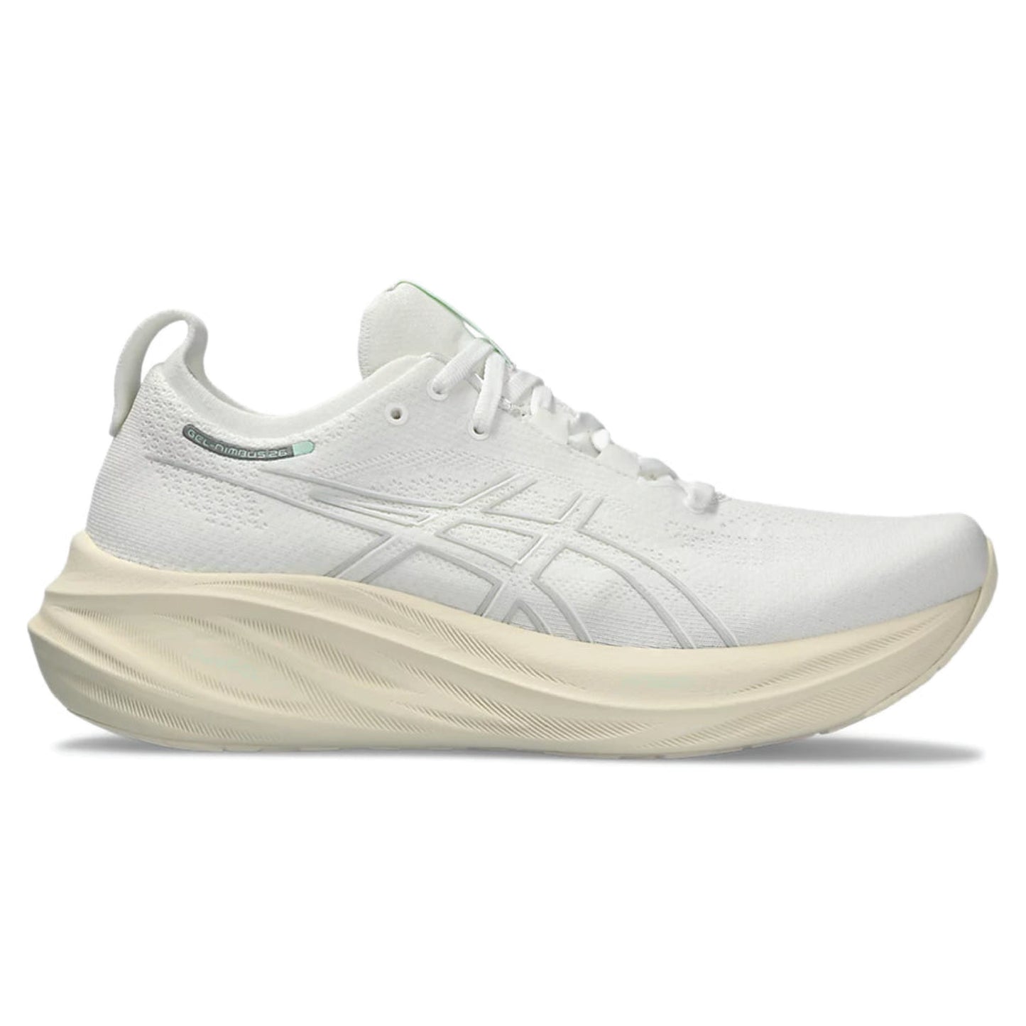 ASICS Gel-Nimbus 26 running shoe in the White/Off White colorway.