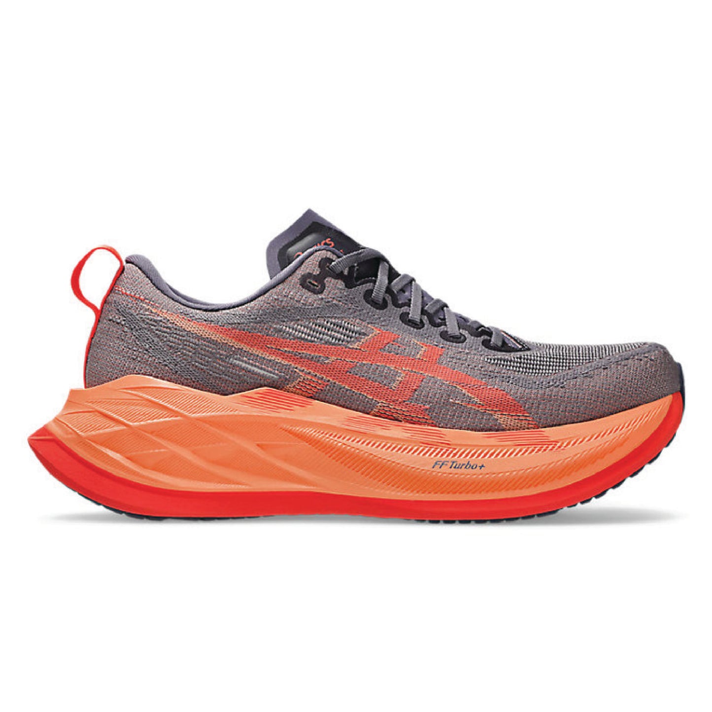 Asics Superblast 2 running shoe in a greyish-purple and coral reef colorway.
