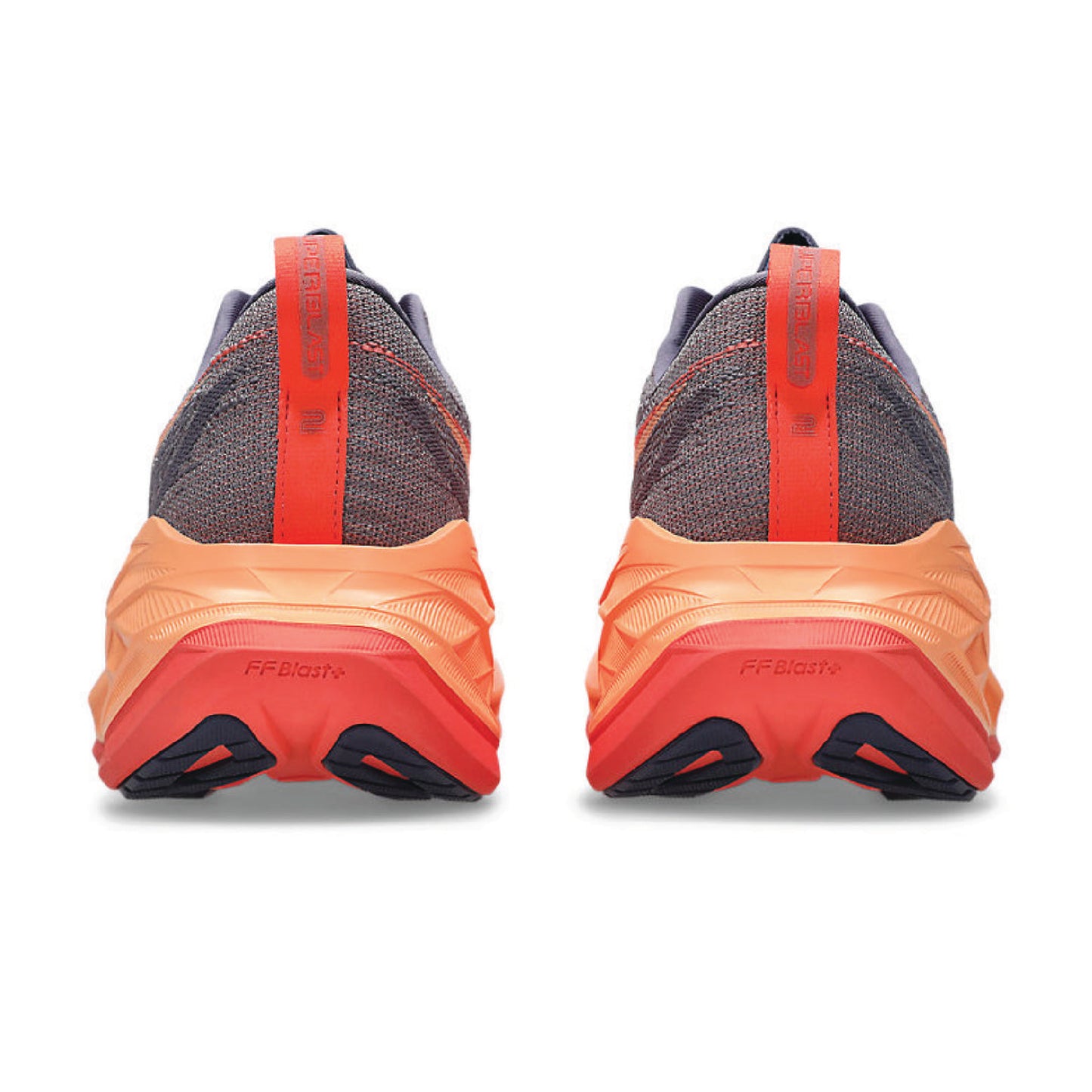 Asics Superblast 2 running shoe in a greyish-purple and coral reef colorway.