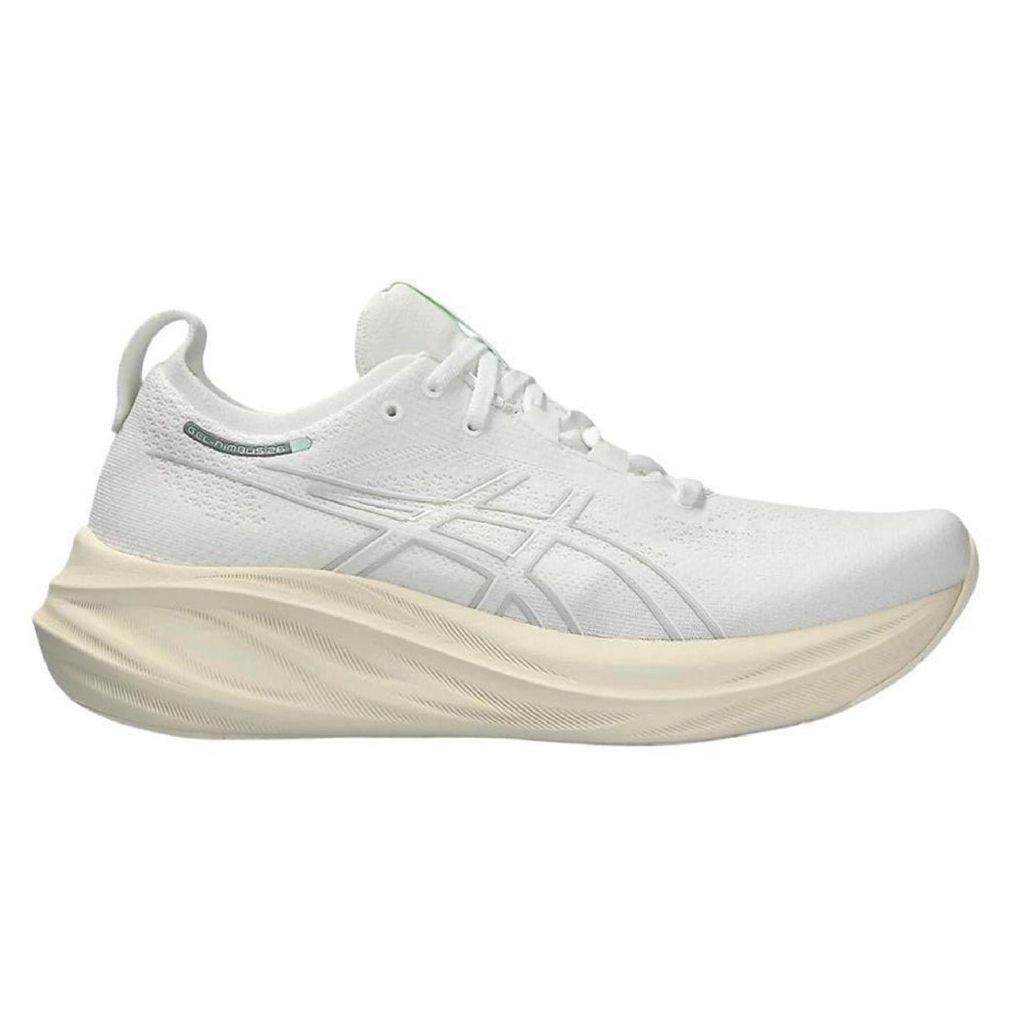 ASICS Gel-Nimbus 26 running shoe in the White/Off White colorway.