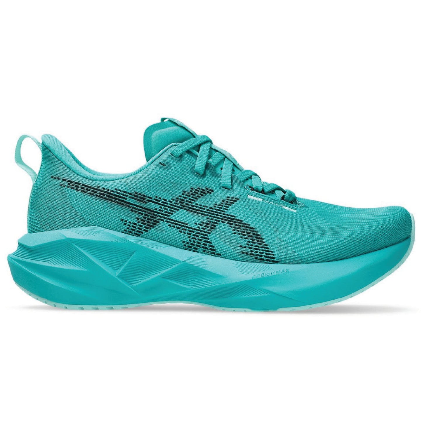 ASICS Novablast 5 running shoe in the Wave Teal/Black colorway.